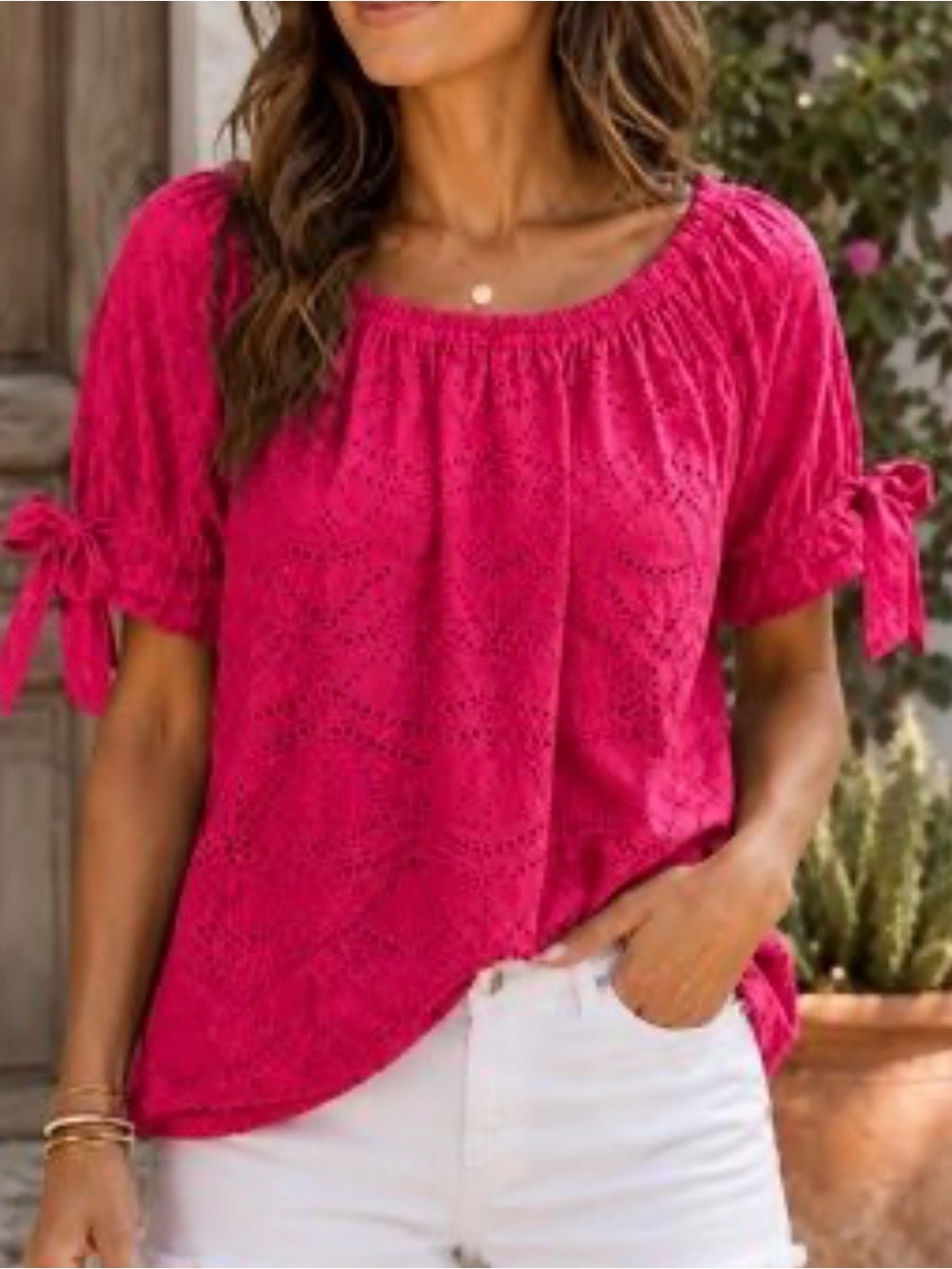 Sundance Hot Pink Eyelet Tie-Sleeve Blouse